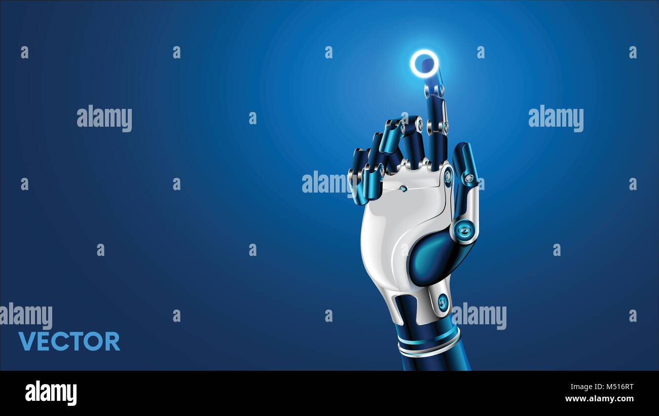 Der Roboter mechanischen Arm oder die Hand drückt den Zeigefinger auf die Schaltfläche, um eine Virtuelle holografische Schnittstelle HUD. Künstliche Intelligenz im futuristischen Design Stock Vektor