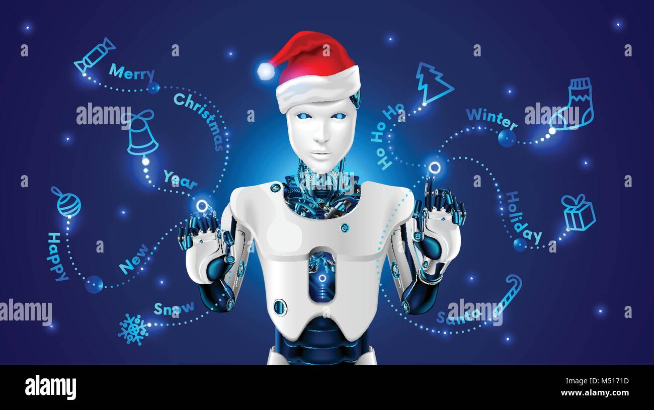 Roboter in eine rote Kappe von Santa Claus stützt sich auf holografischen Bildschirm Weihnachten Muster: Baum, Jingle Bell, Zuckerstange, Schneeflocke, Kugel, Geschenk. Roboter verwaltet Stock Vektor