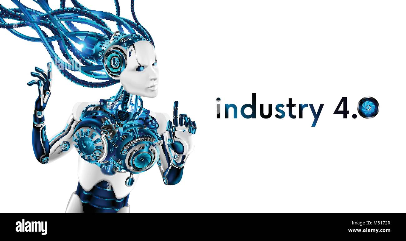 Schöne Roboter Frau auf weißem Hintergrund. Künstliche Intelligenz Roboter mit Kabel Netzwerk verbunden. Cyborg hat menschliches Gesicht und Hände. In Stock Vektor