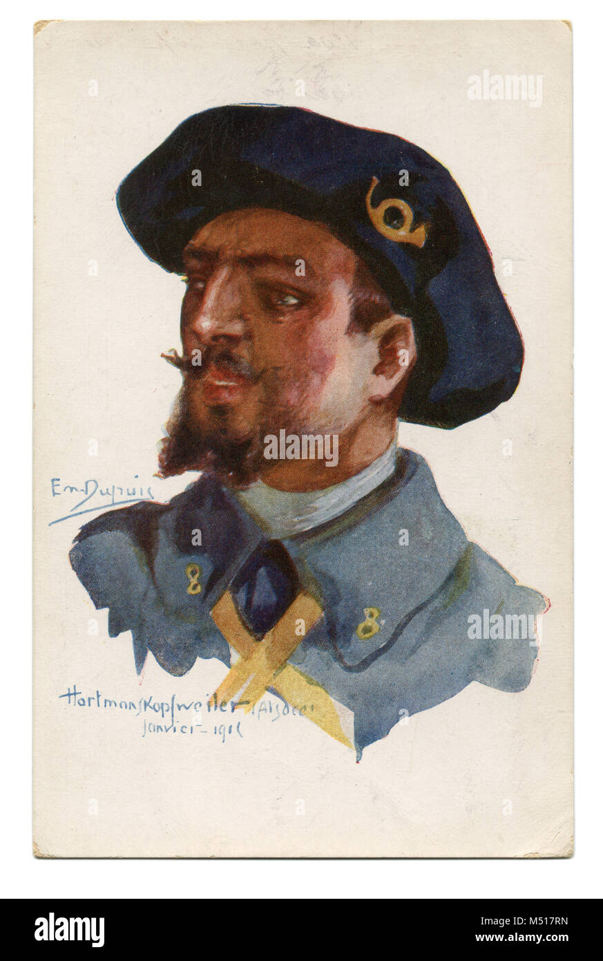 Alte französische Postkarte eine tapfere Alpine light Infanterist in blauen Barett mit einem gelben Horn - Horn Abzeichen. Der erste Weltkrieg von 1914-1918, Frankreich, Entente. Stockfoto