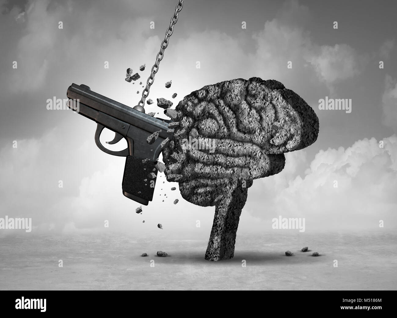 Gun Gewalt und psychischen Gesundheit Konzept als psychiatrische Gehirnstörung Risiko mit 3D-Illustration Elemente. Stockfoto