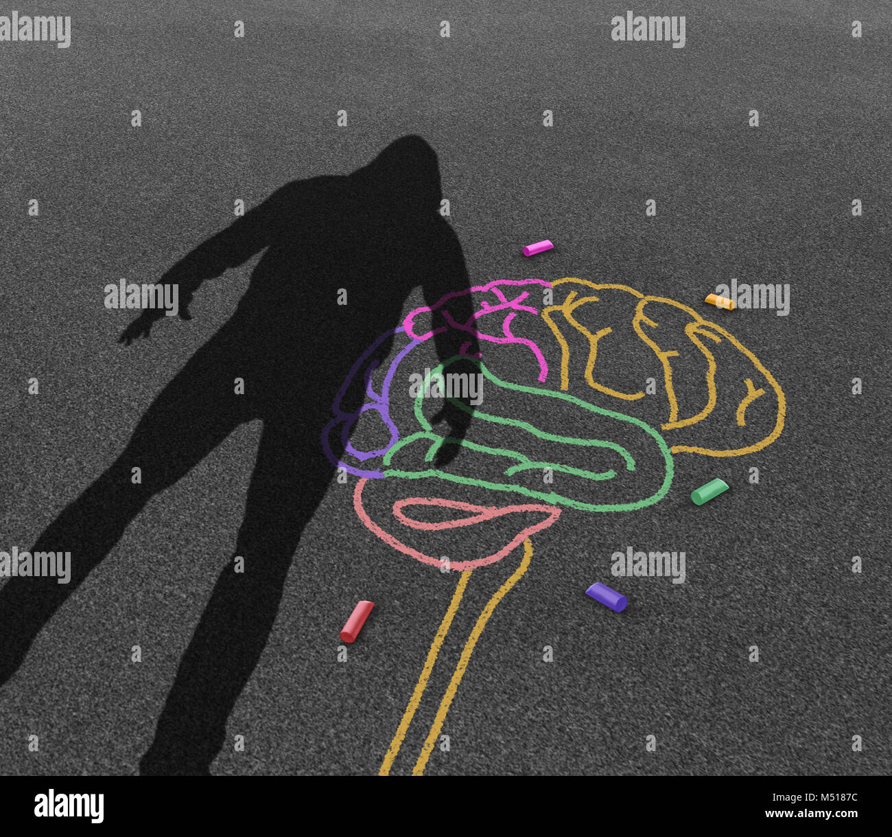 Psychische Krankheit Gewalt und gewalttätige Verhalten psychologie Störung, wie der Schatten eines unruhigen verärgerte Person oder Student mit Kreide Zeichnung. Stockfoto