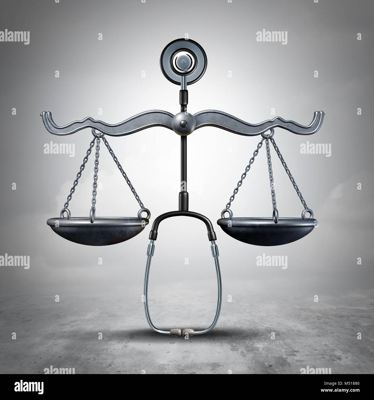 Gerichtliche Medizin- und Arzthaftungsrecht Recht als Stethoskop als Gerechtigkeit Maßstab als medizinische Gesetzgebung Symbol als 3D-Illustration geprägt. Stockfoto