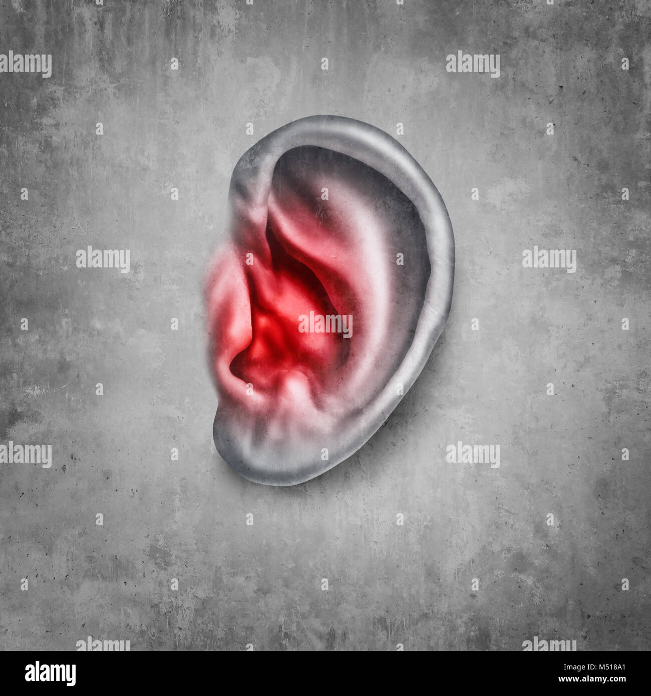 Tinnitus und Klingeln im Ohr als medizinische Symptom und Diagnose von Hörschäden in einer 3D-Darstellung. Stockfoto
