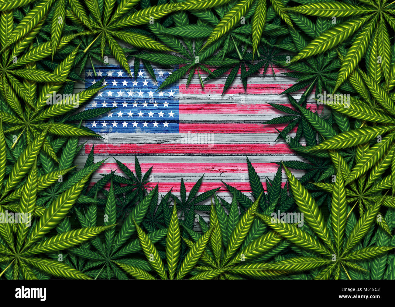 Amerikanische Marihuana und United States cannabis Symbol mit der USA-Flagge auf rustikalem Holz mit Blättern als Grenze in einer 3D-Darstellung. Stockfoto
