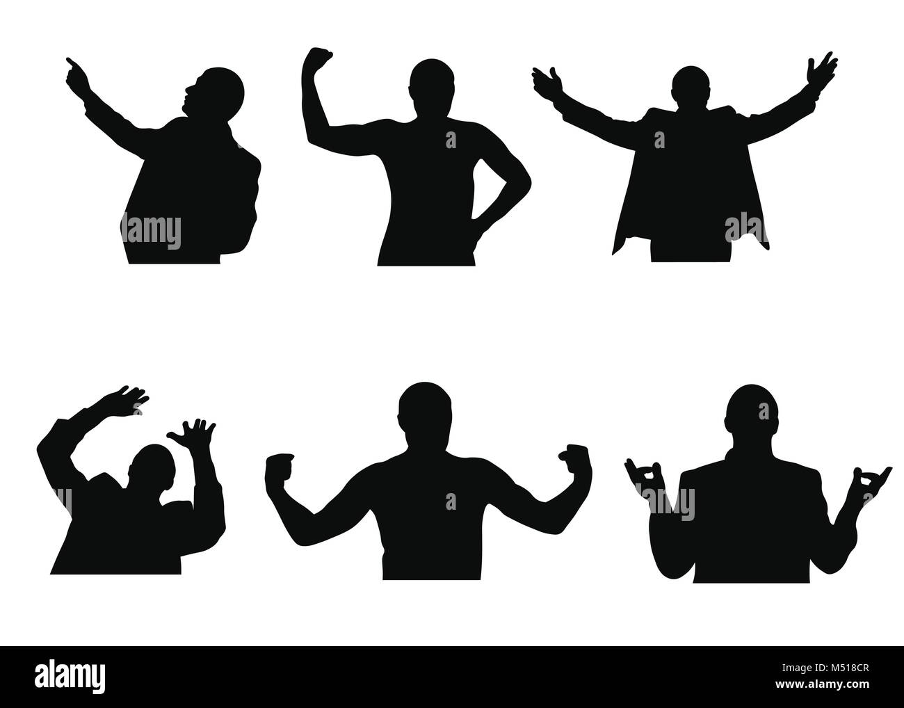 Satz von Silhouetten von Mann suchen, meditieren, einladend, in Angst und zeigt Muskeln Stock Vektor