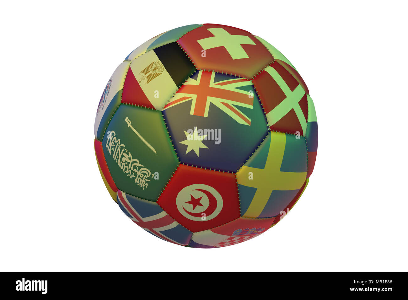 Isolierte realistische Fußball mit Flaggen der Länder, die an der WM 2018 teilnehmen, in der Mitte von Australien, der Schweiz, Dänemark, Schweden, Tun Stockfoto