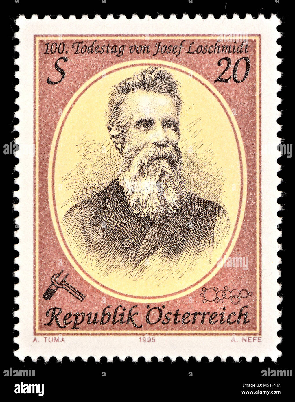 Österreichische Briefmarke (1995): Johann Josef Loschmidt (1821-1895) Österreichische Wissenschaftler, der Boden durchgeführt - bahnbrechende Arbeit in der Chemie, Physik (ther Stockfoto