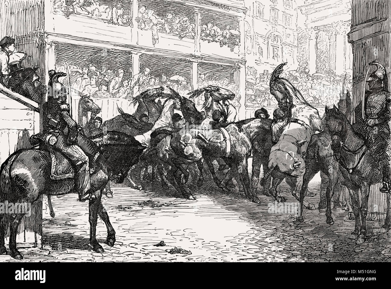 Karneval in Rom, der Barbary Pferde' beginnt, Piazza del Popolo, Italien, 19. Jahrhundert Stockfoto