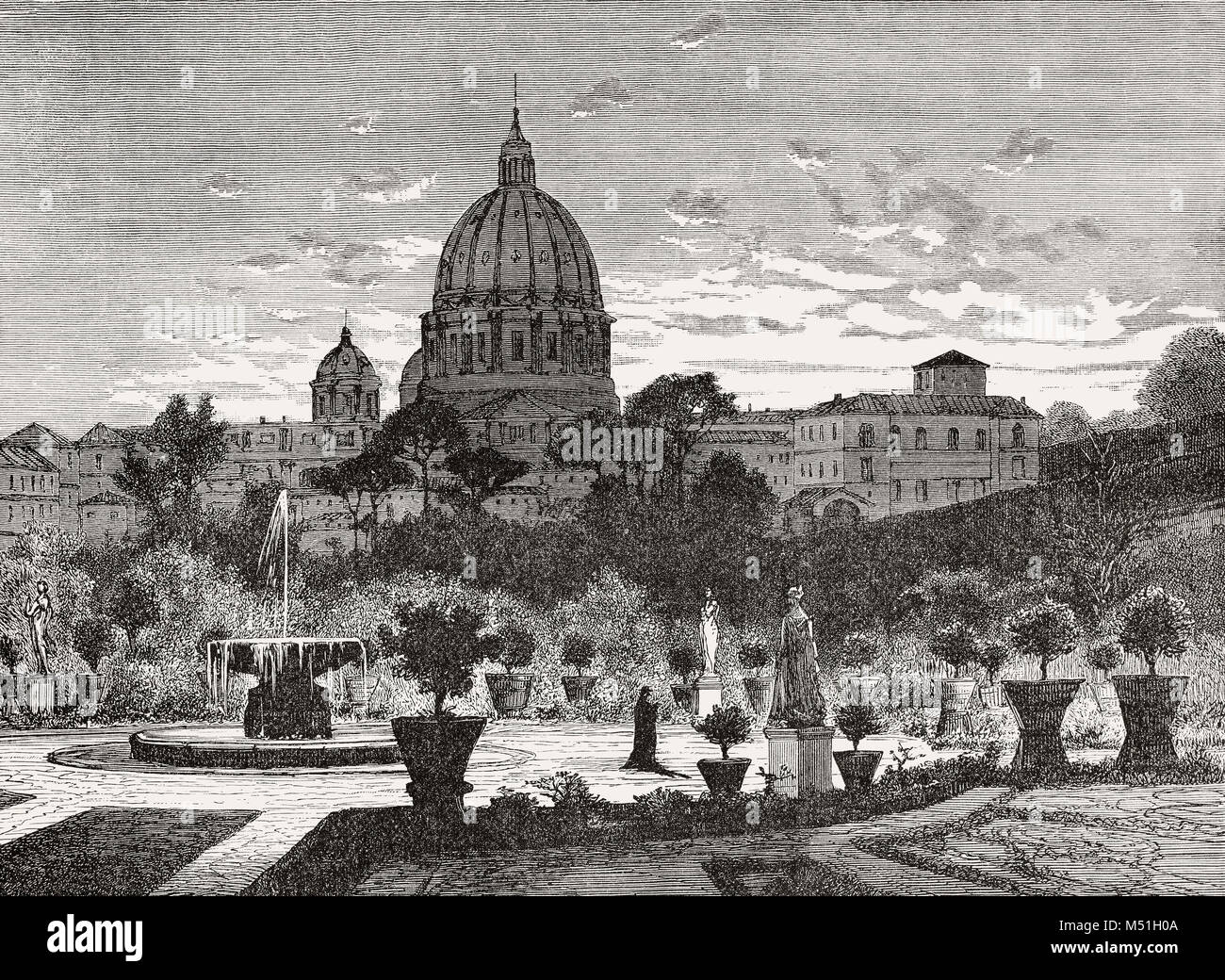 Die Gärten von Vatikanstadt, Basilika St. Peter, Rom, Italien, 19. Jahrhundert Stockfoto