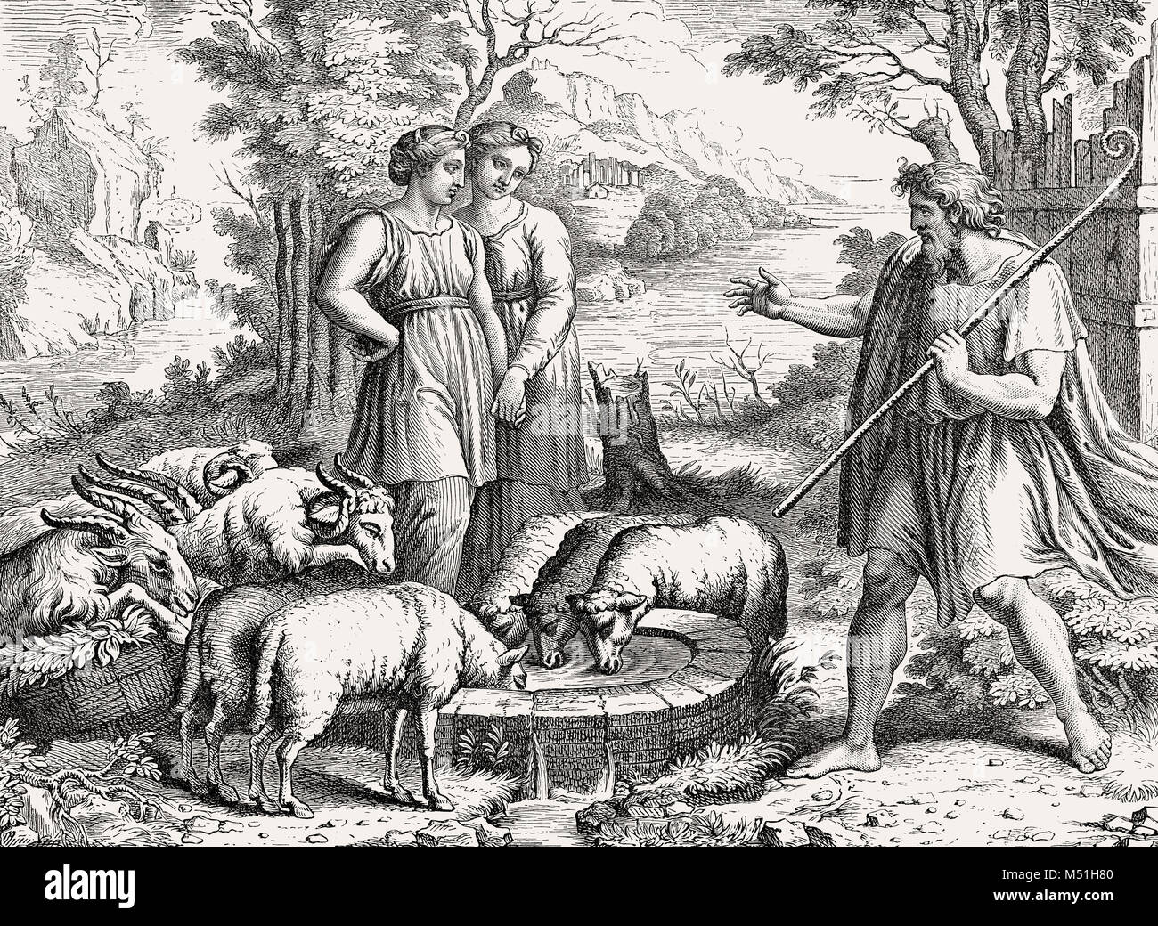 Jakob trifft Rahel und Lea, Fresko an der Vatikanischen Loggien, Vatikan, Rom, Italien, 19 Jakob trifft Rahel und Lea, Fresko an der Vatikanischen Loggien, Vatikan, Rom, Italien, 19