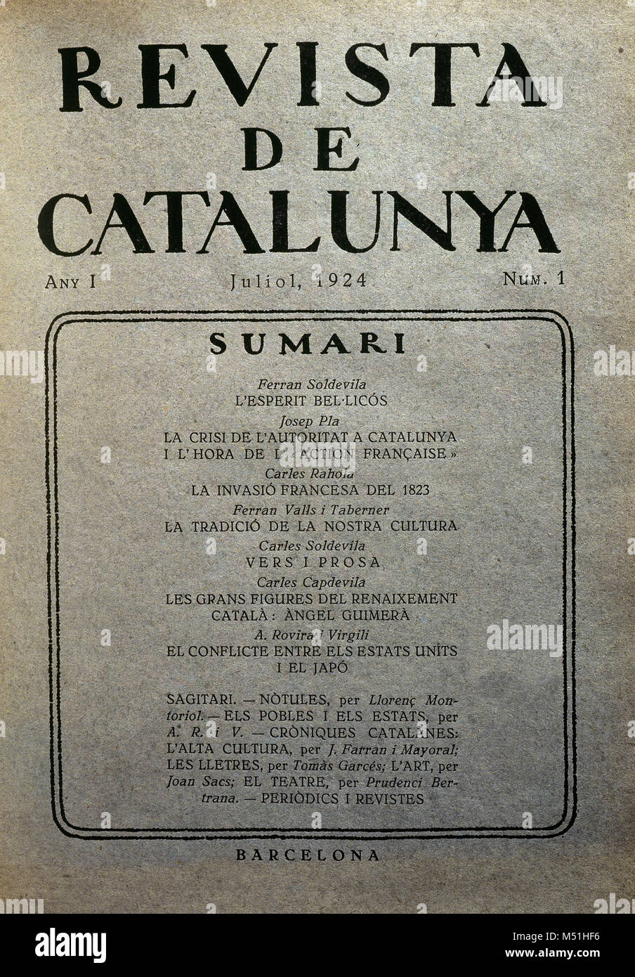 Revista de Catalunya. Monatliche Zeitschrift in Barcelona herausgegeben von Antoni ROVIRA I VIRGILI (1882-1949). Es wurde während der dictatorhip von Primo de Rivera gegründet. Abdeckung der Ausgabe nr. 1, Juli 1924. Katalonien, Spanien. Stockfoto