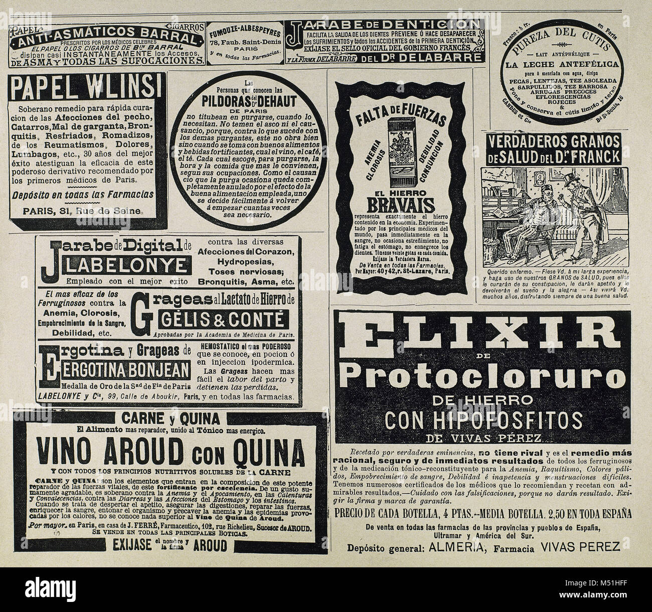 Alte kommerzielle Werbung. Restaurierungs- und Medikamente. La Ilustracion Artitsica, Januar 1893. Spanien. Stockfoto
