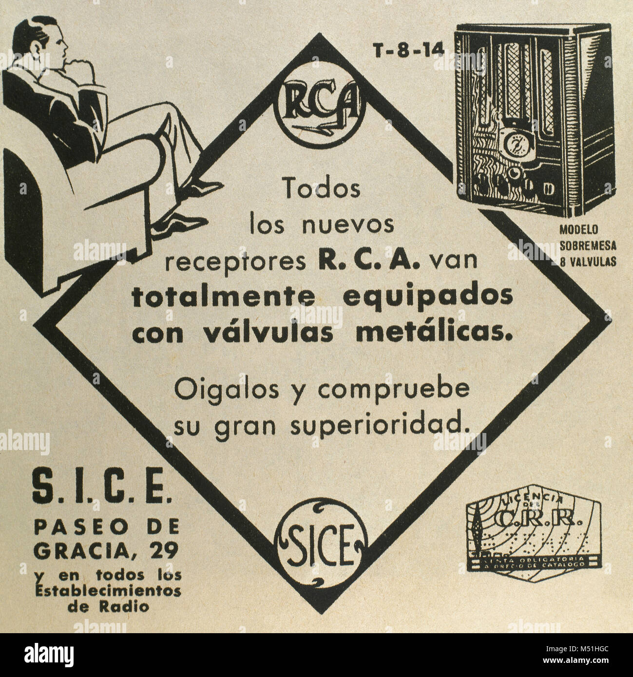Funkempfänger, RCA-Marke. Alte Werbung. La Vanguardia, 31. März 1936. Barcelona, Katalonien, Spanien. Stockfoto
