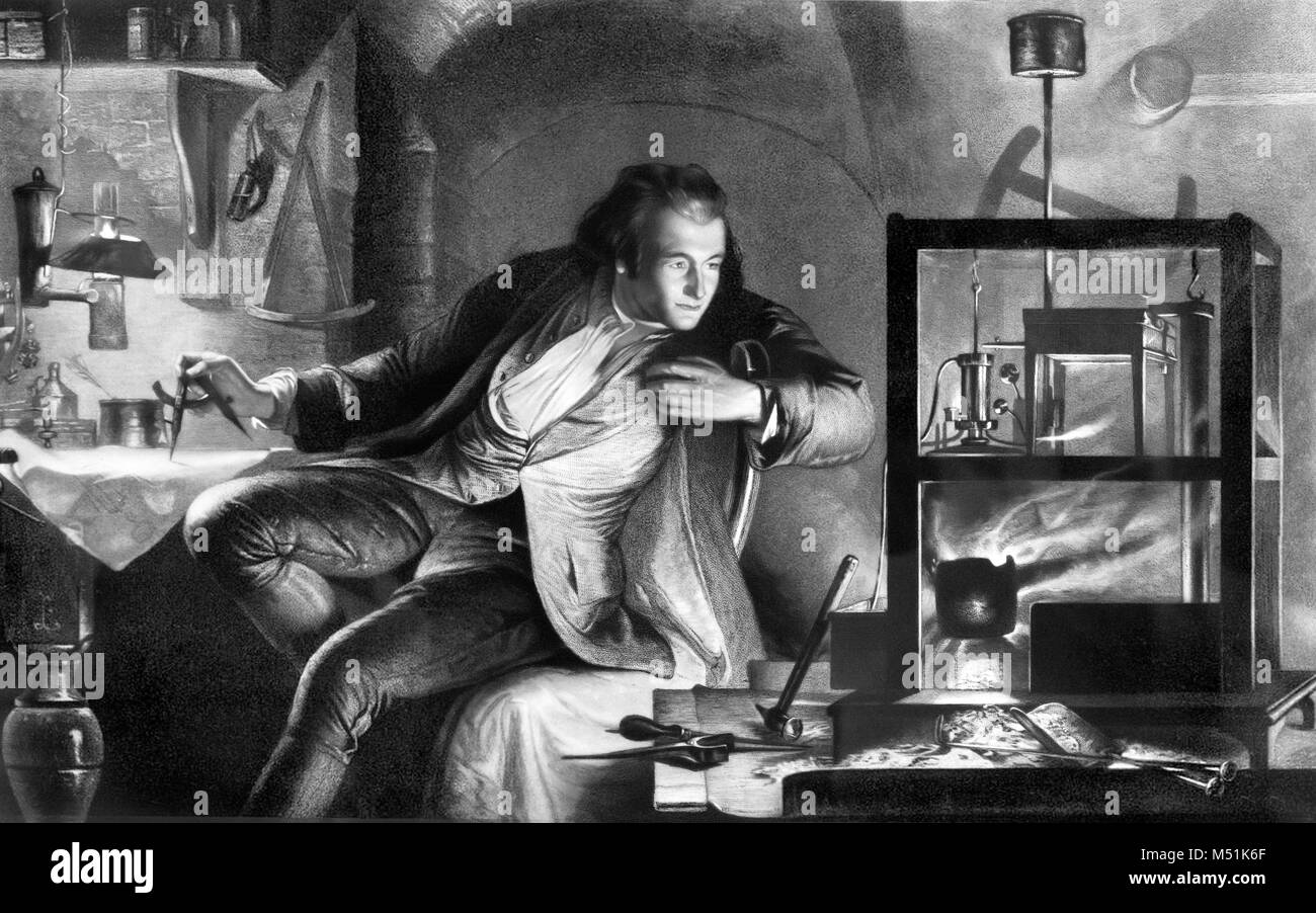 "James Watt und die Dampfmaschine", Kupferstich von James Scott nach einem Gemälde von James Eckford Lauder 1860. James Watt (1736-1819) war ein 18 thC Maschinenbauer und Erfinder der Kondensation Dampfmaschine. In diesem Gemälde ist er gezeigt, die in seinem Labor über Verbesserungen der Newcomen Dampfmaschine. Stockfoto
