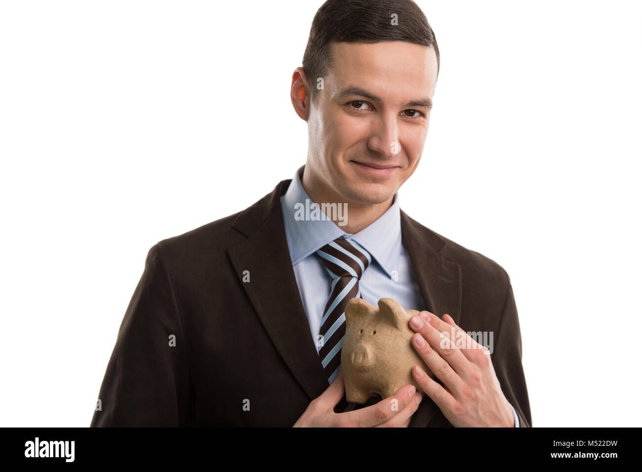 Business Mann verstecken Sparschwein. Ihre professionelle Finanz- und Versicherungs- Lösung für besten Schutz Stockfoto