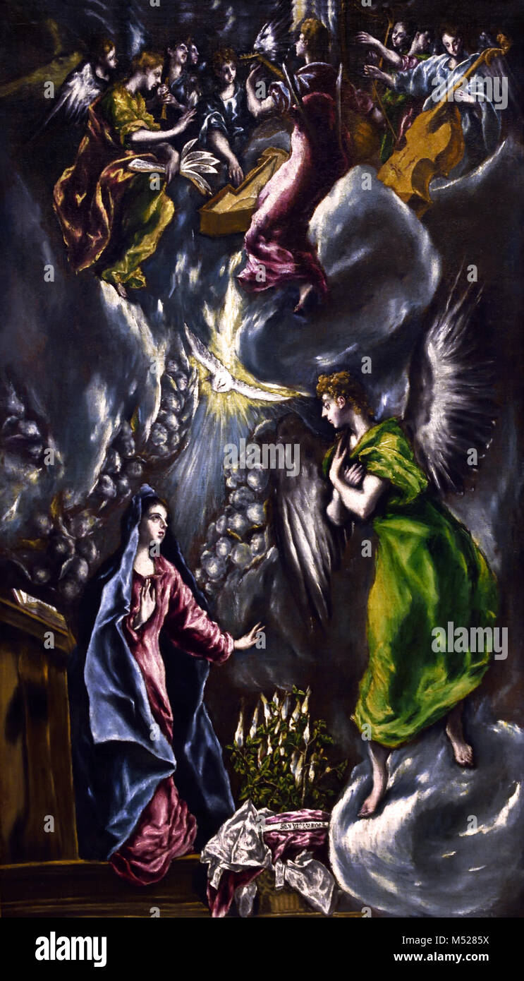 Die Verkündigung 1596 El Greco (Domenikos Theotokópoulos) 1541- 1614, 17.,Jahrhundert, Spanien, Spanisch, Griechisch, Griechenland, Verkündigung, Selig, Jungfrau Maria, die Ankündigung durch den Engel Gabriel, Maria, dass sie schwanger werden, einen Sohn durch eine, jungfräuliche Geburt, die, Mutter von Jesus Christus, christlichen Messias und Sohn Gottes, Menschwerdung, Stockfoto