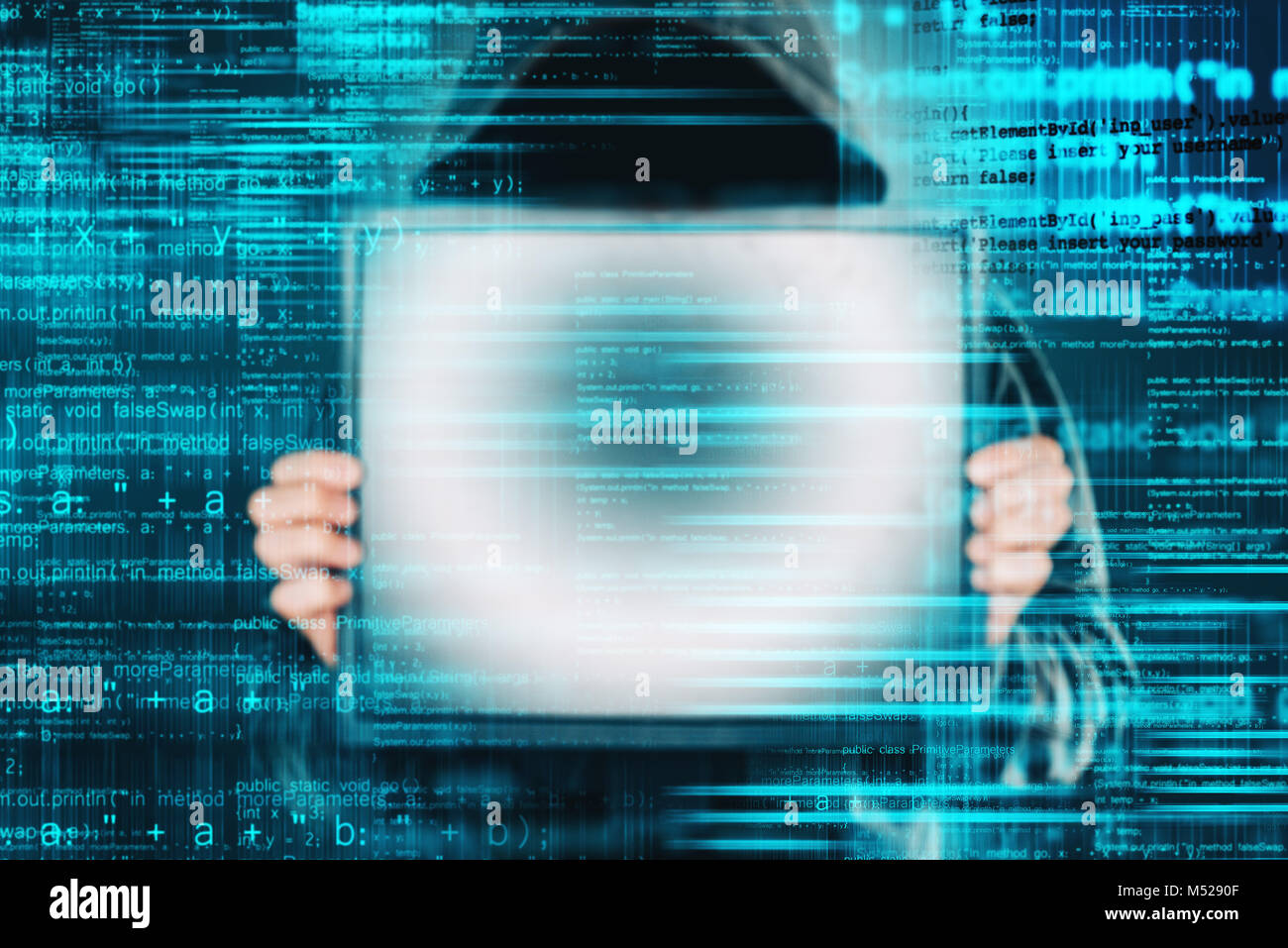 Ransomware computer Virus Konzept, Hacker mit Monitor. Internet und Cyber Security Konzept Stockfoto