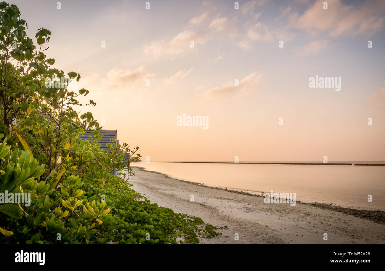 Früh morgens am Sandstrand auf den Malediven Stockfoto