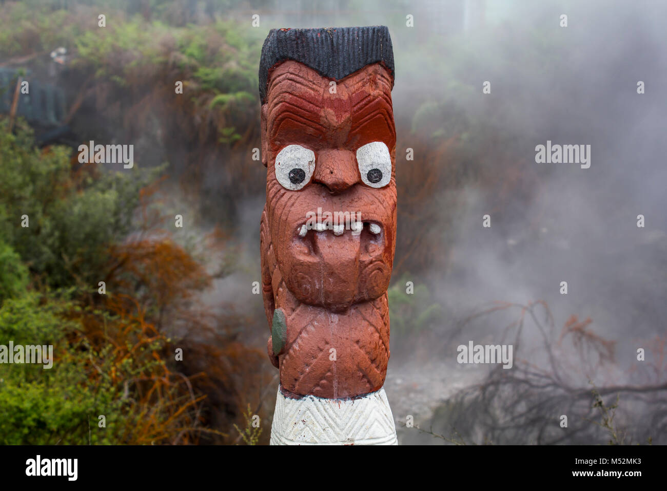 Maori Holzschnitzerei Skulptur mit herausgestreckter Zunge Dampf im Hintergrund und Stockfoto