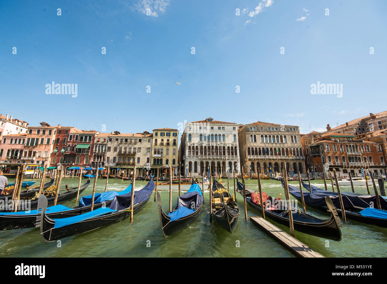 Der Canale Grande in der wunderschönen Stadt Venedig in Italien, venisia, Europa, Gondeln im Wasser sitzen bedeckt mit Plane Stockfoto