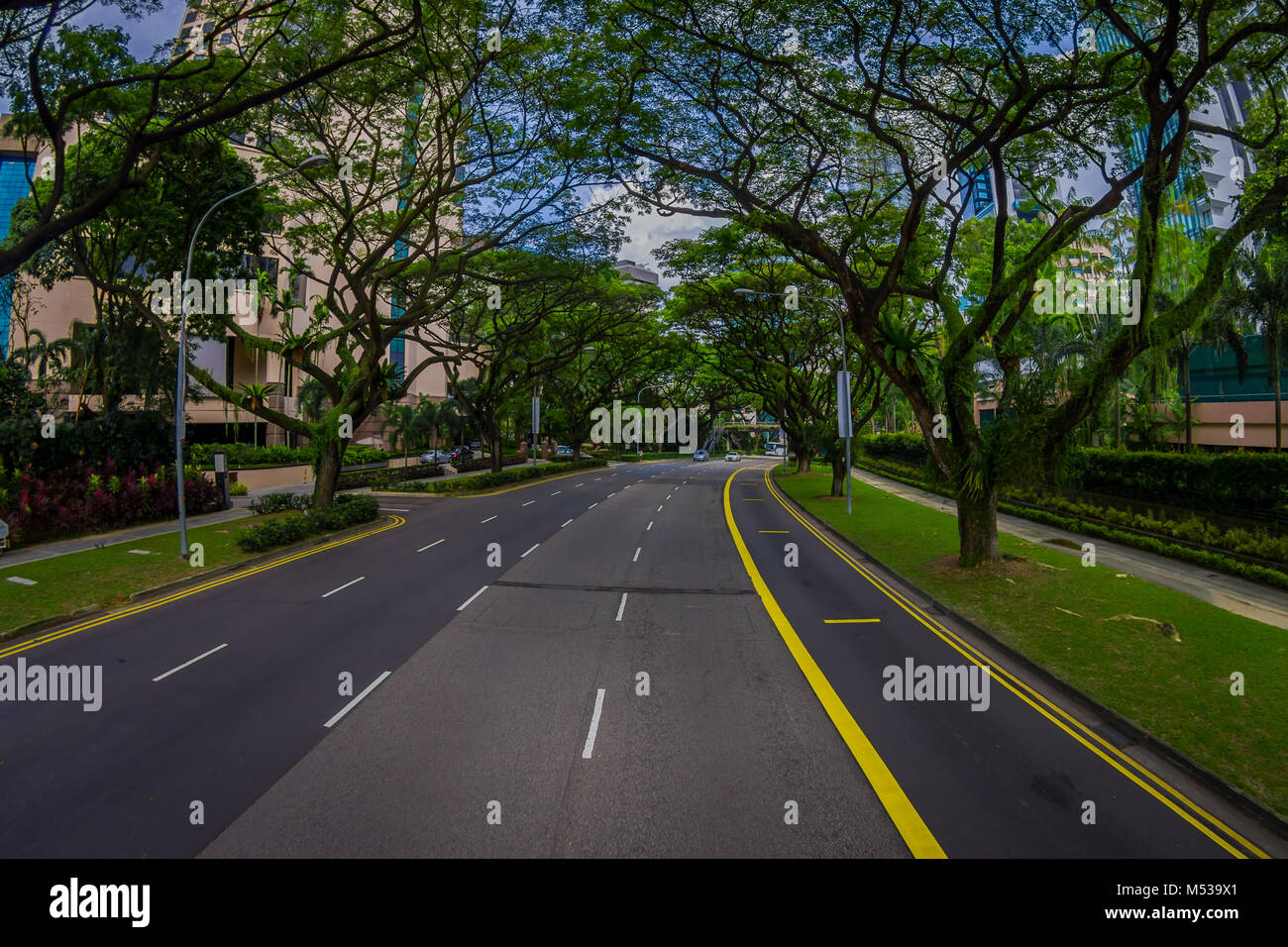 Singapur, Singapur - Januar 30. 2018: Herrliche Aussicht von Autos circuling in einer Straße in der Umgebung der Bäume an öffentlichen Wohngebiet Kondominium Komplex und Downtown Skyline auf Kallang Nachbarschaft in Singapur, Fischaugen-Effekt Stockfoto