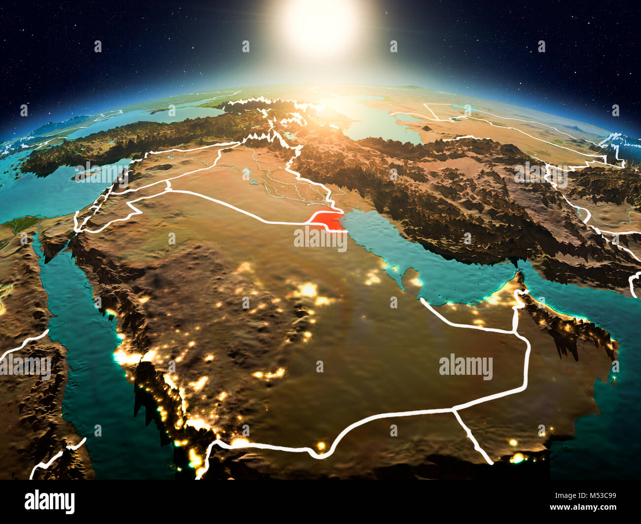 Sonnenaufgang über Kuwait in Rot hervorgehoben auf dem Modell des Planeten Erde im Weltraum mit sichtbaren Grenzen. 3D-Darstellung. Elemente dieses Bild furnis Stockfoto