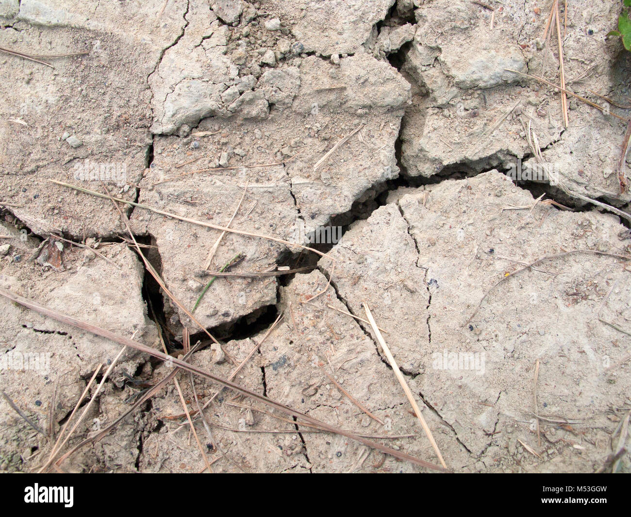 Risse im Boden mit großen Riss in der Mitte, können als Hintergrund verwendet werden Stockfoto