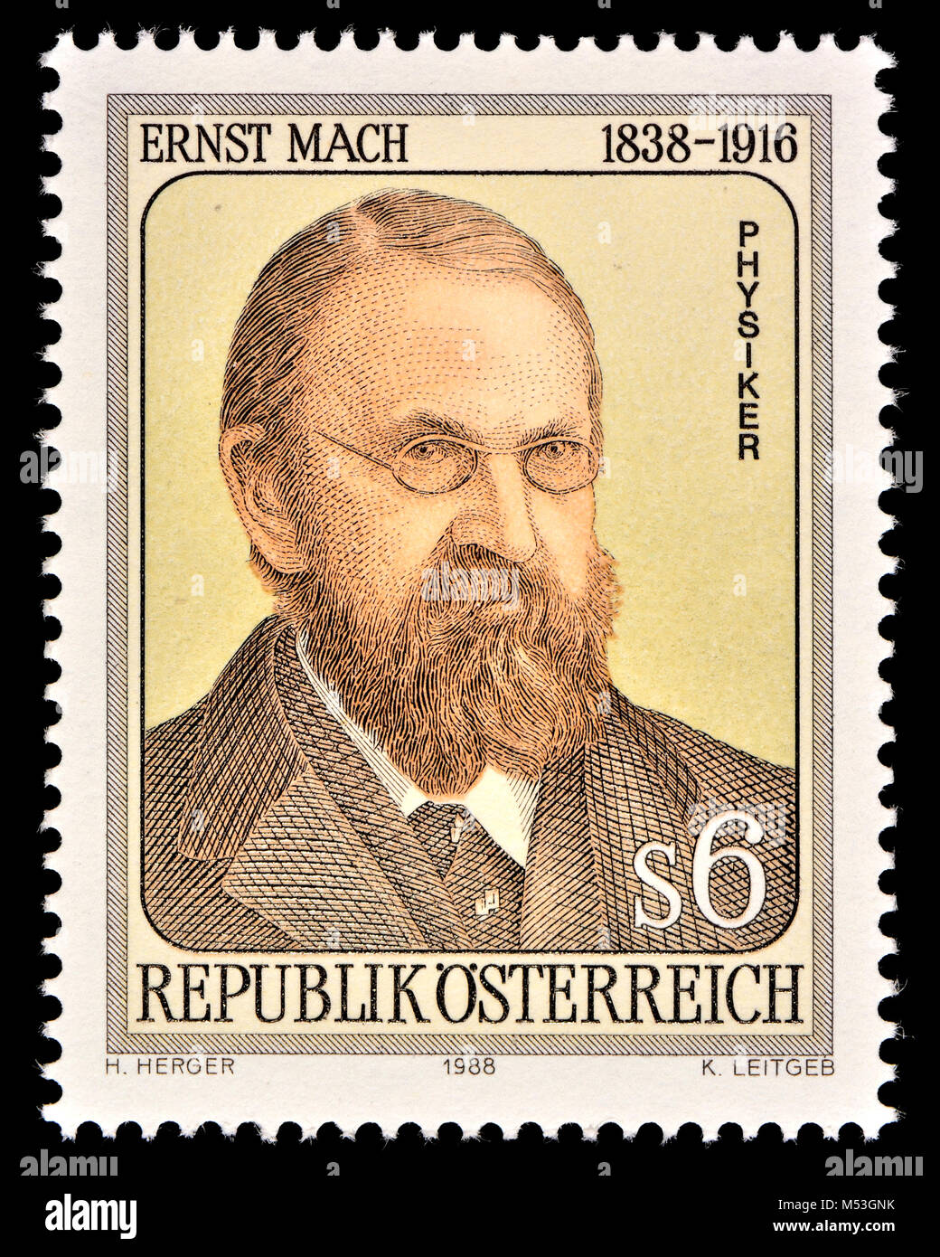 Österreichische Briefmarke (1988): Ernst Mach (1838-1916), österreichischer Physiker und Philosoph, für seine Beiträge zur Physik wie Studie von s fest Stockfoto
