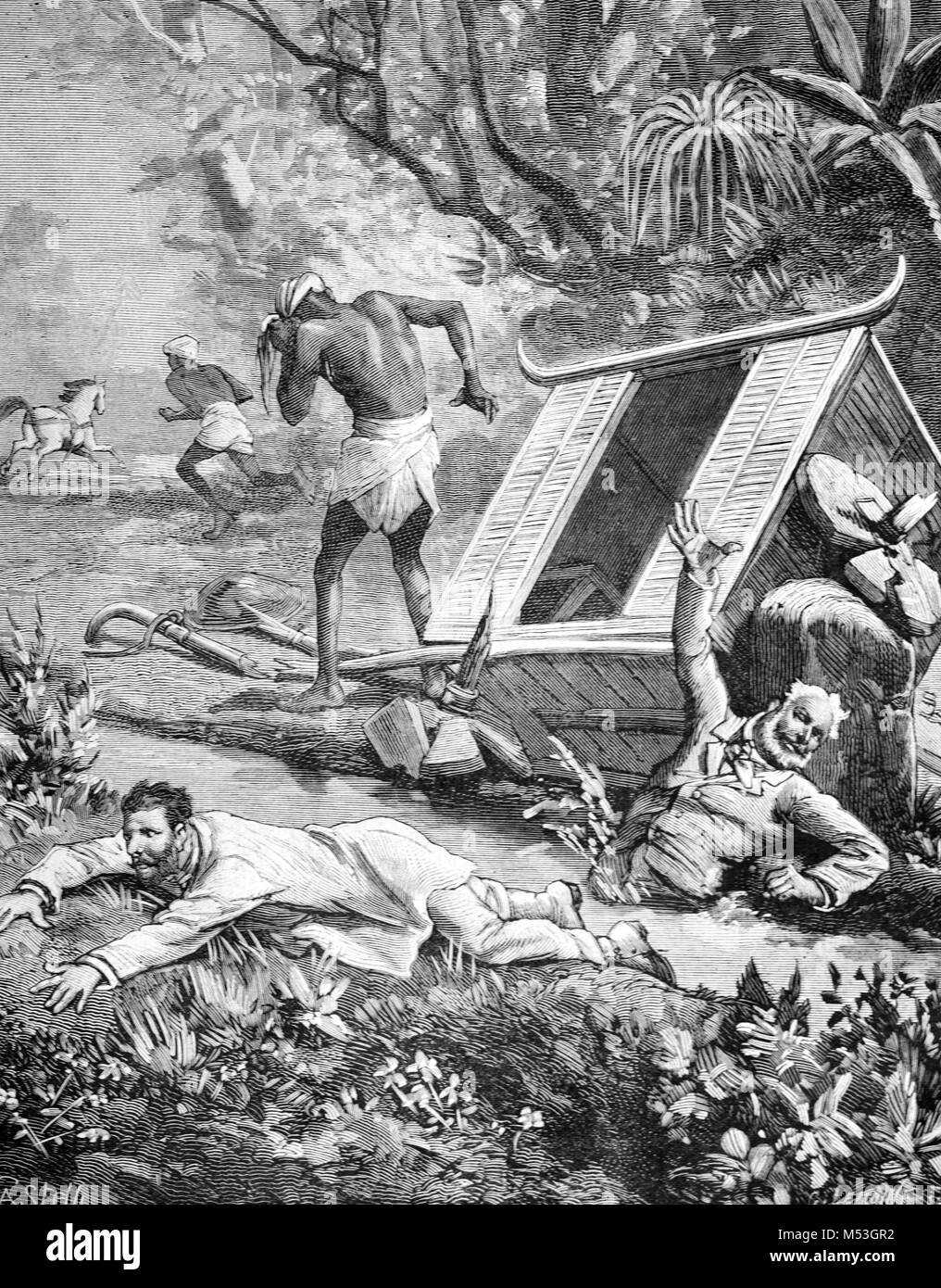 Pferd und Kutsche Unfall Java Indonesien (Gravur, 1888) Stockfoto