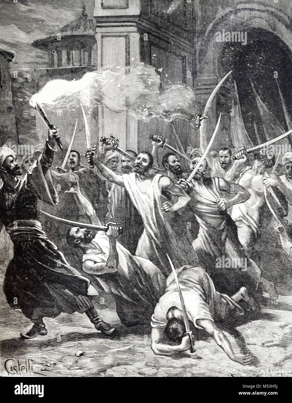 Neujahr feiern durch muslimische Fanatiker oder Büßer schwingende Schwerter oder Säbel, Persien oder Iran (Gravur, 1888) Stockfoto