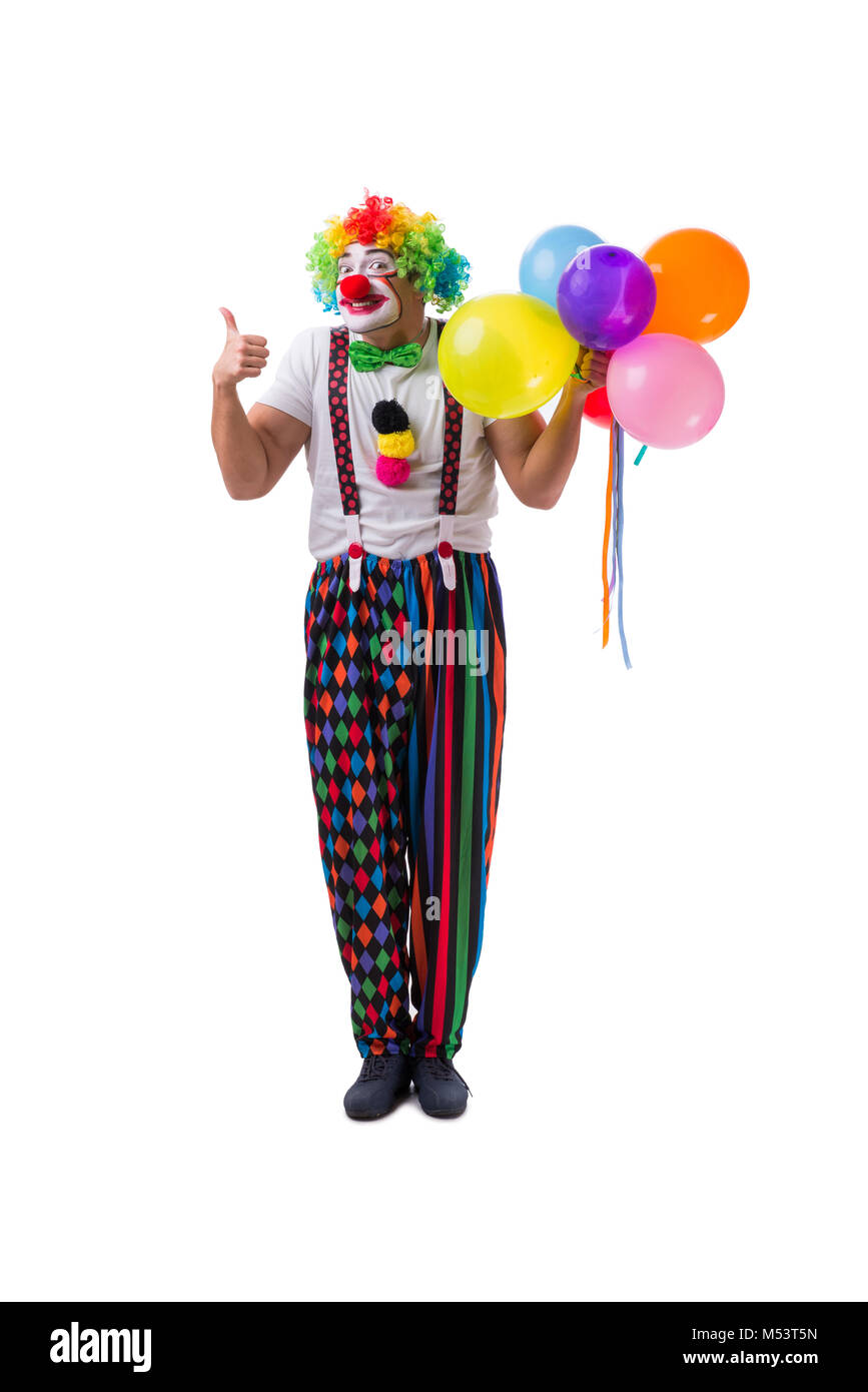 Lustiger Clown mit Luftballons isoliert auf weißem Hintergrund ...