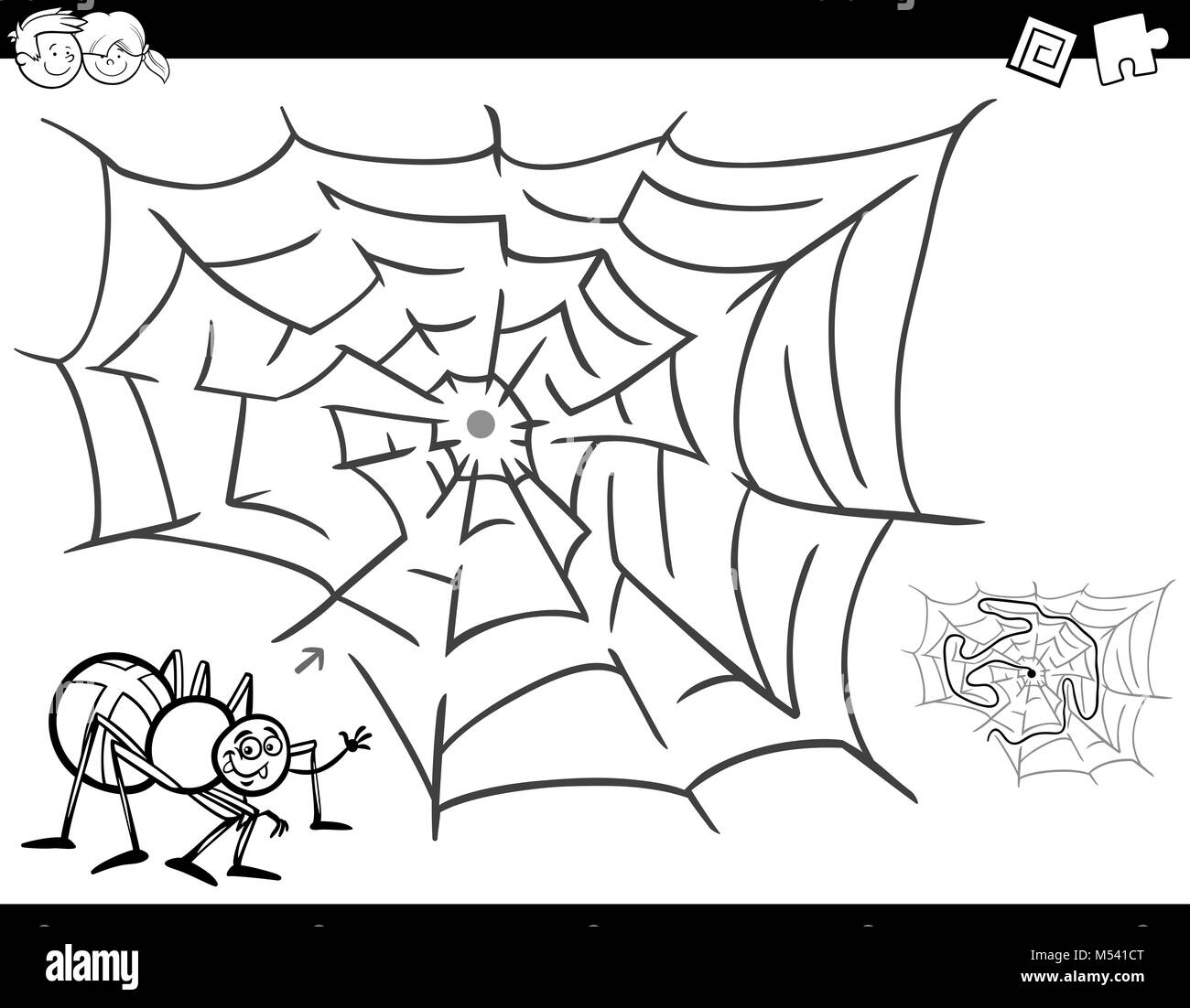 Labyrinth-spiel Malbuch mit Spinne und Web Stockfoto