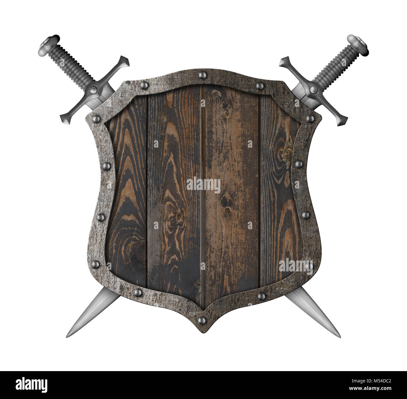 Holz- mittelalterliche heraldischen Schild mit gekreuzten Schwerter 3D-Darstellung Stockfoto