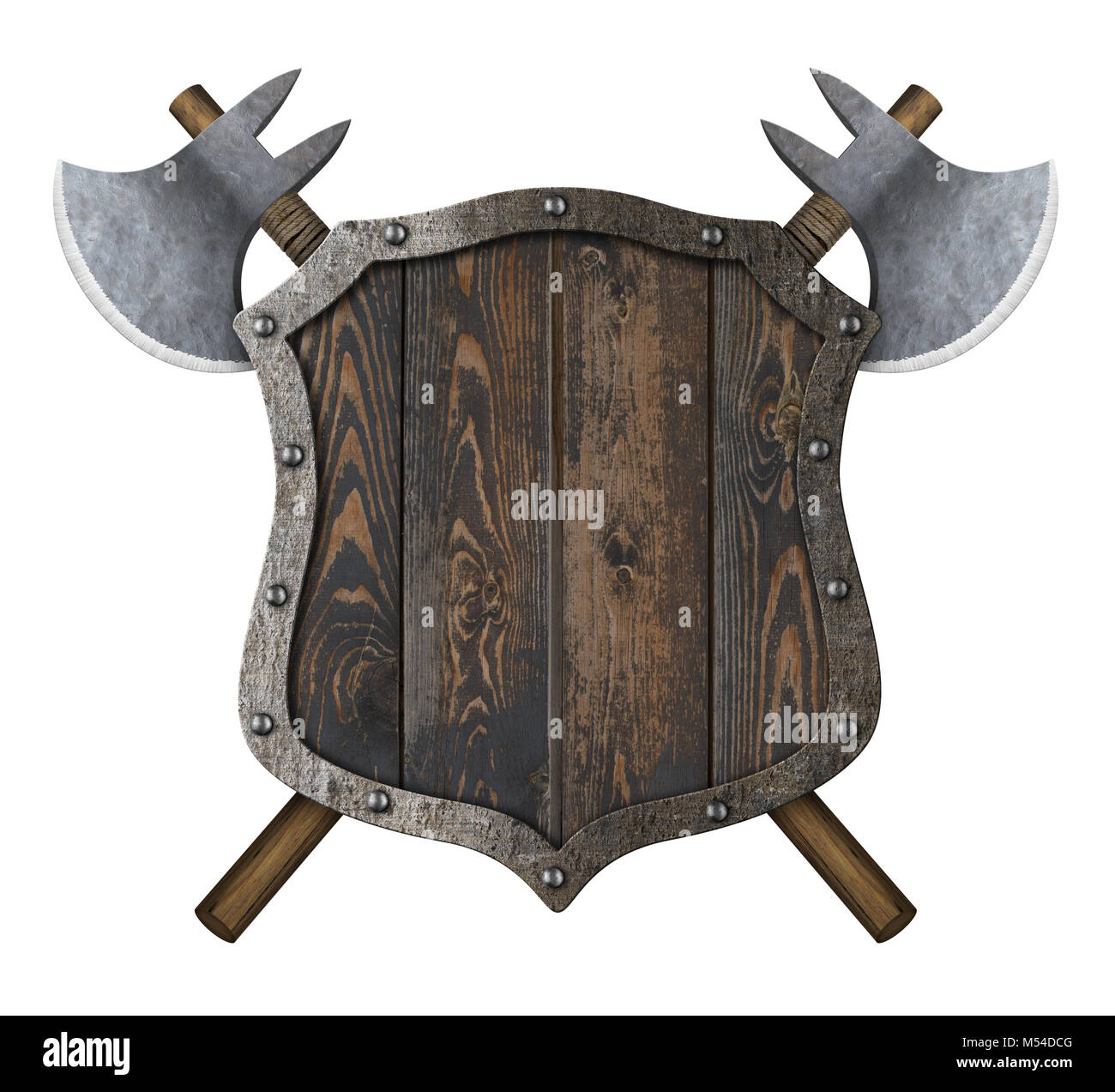 Holz- mittelalterliche heraldischen Schild mit gekreuzten Schlacht Achsen 3D-Darstellung Stockfoto