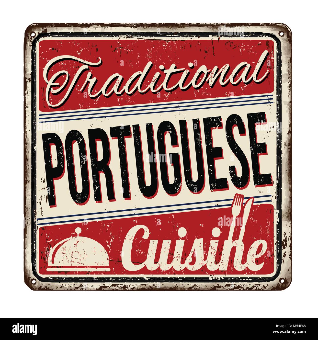Die traditionelle portugiesische Küche vintage rostiges Metall Zeichen auf weißem Hintergrund, Vector Illustration Stock Vektor
