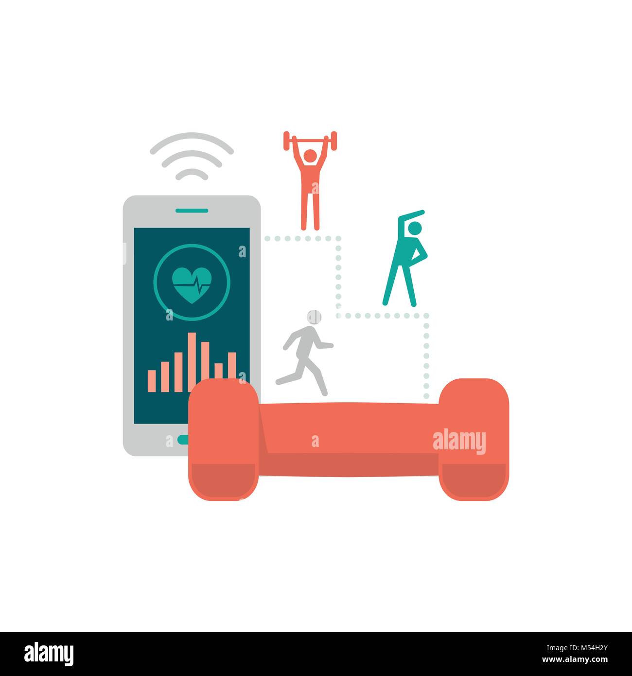 Fitness Programm auf einem Smartphone und Kurzhanteln: Sport und Gewichtsabnahme Konzept Stock Vektor