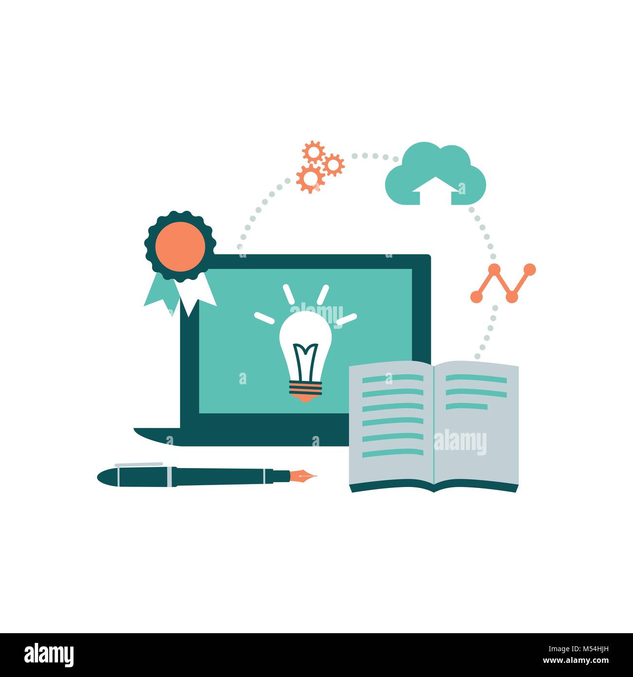 Laptop und Buch: e-learning, Bildung und online Studie Konzept Stock Vektor