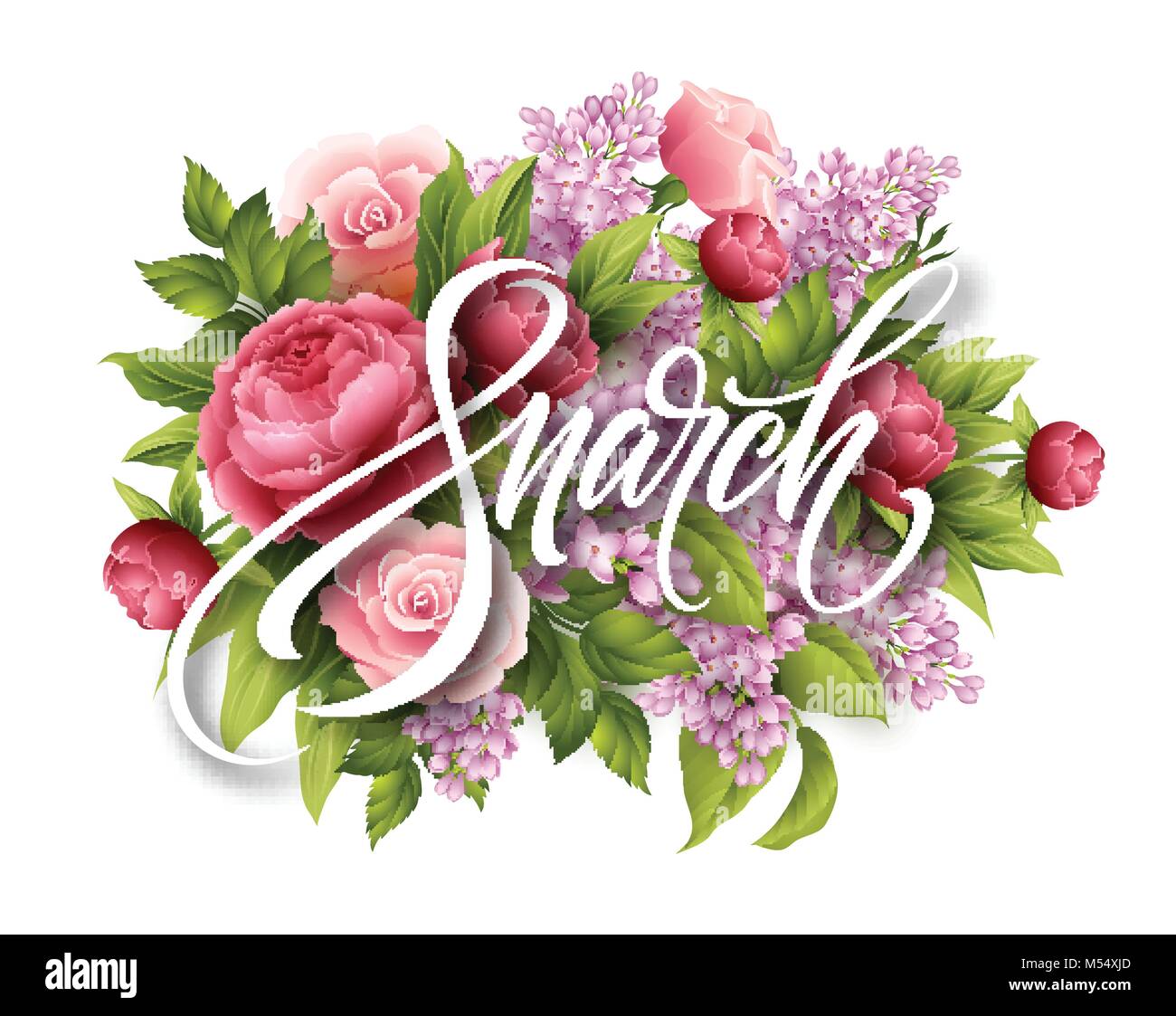 Happy Tag der Frauen am 8. März. Design moderner hand Kalligraphie mit Blume. Vector Illustration Stock Vektor