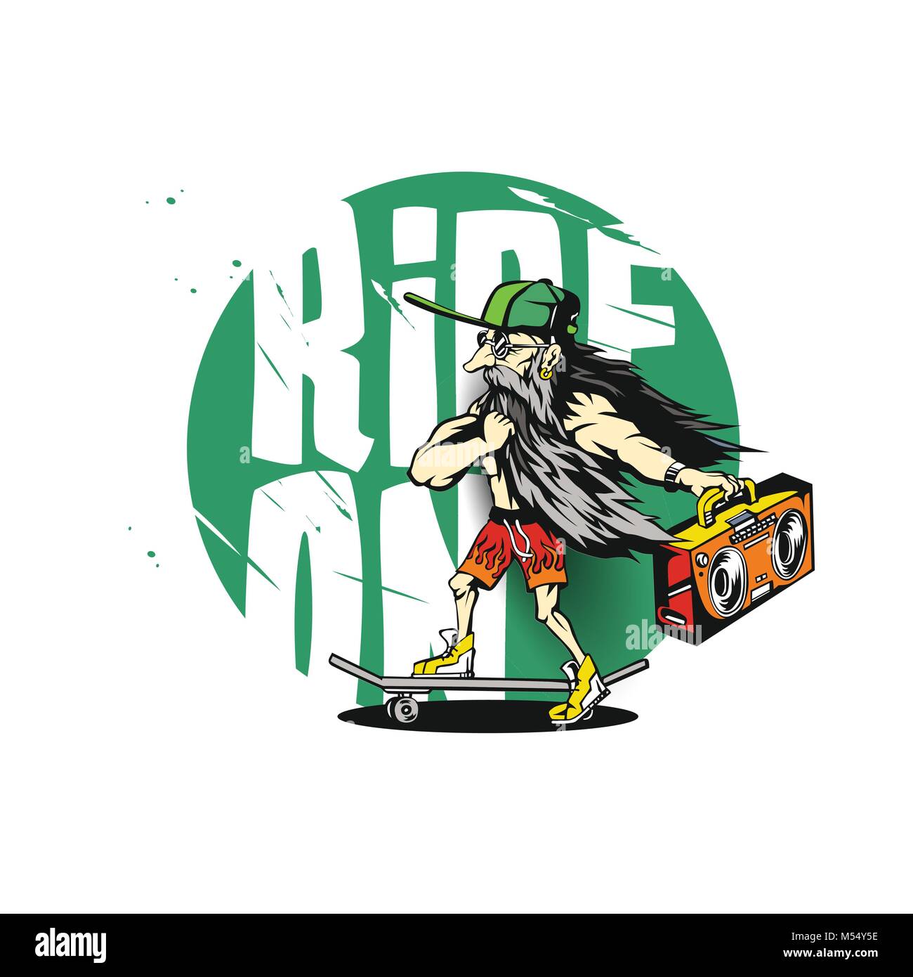 Retro cartoon Opa auf Skateboard Vector Illustration. Stock Vektor