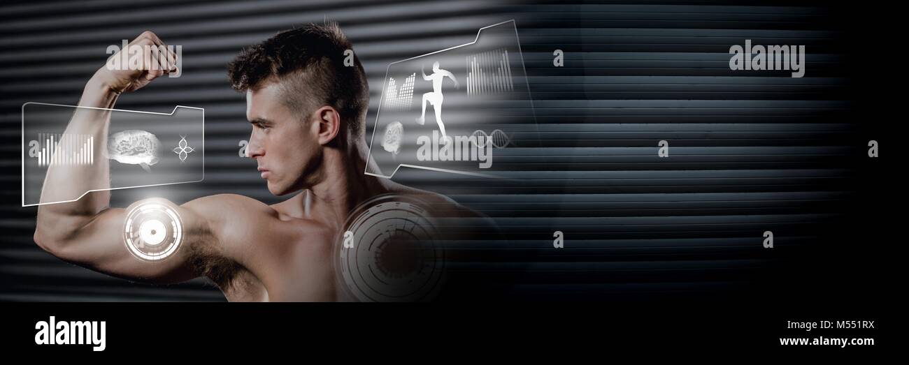 Sportlich fit Mann verbiegen Muskeln im Fitnessraum mit Gesundheit Schnittstelle Stockfoto