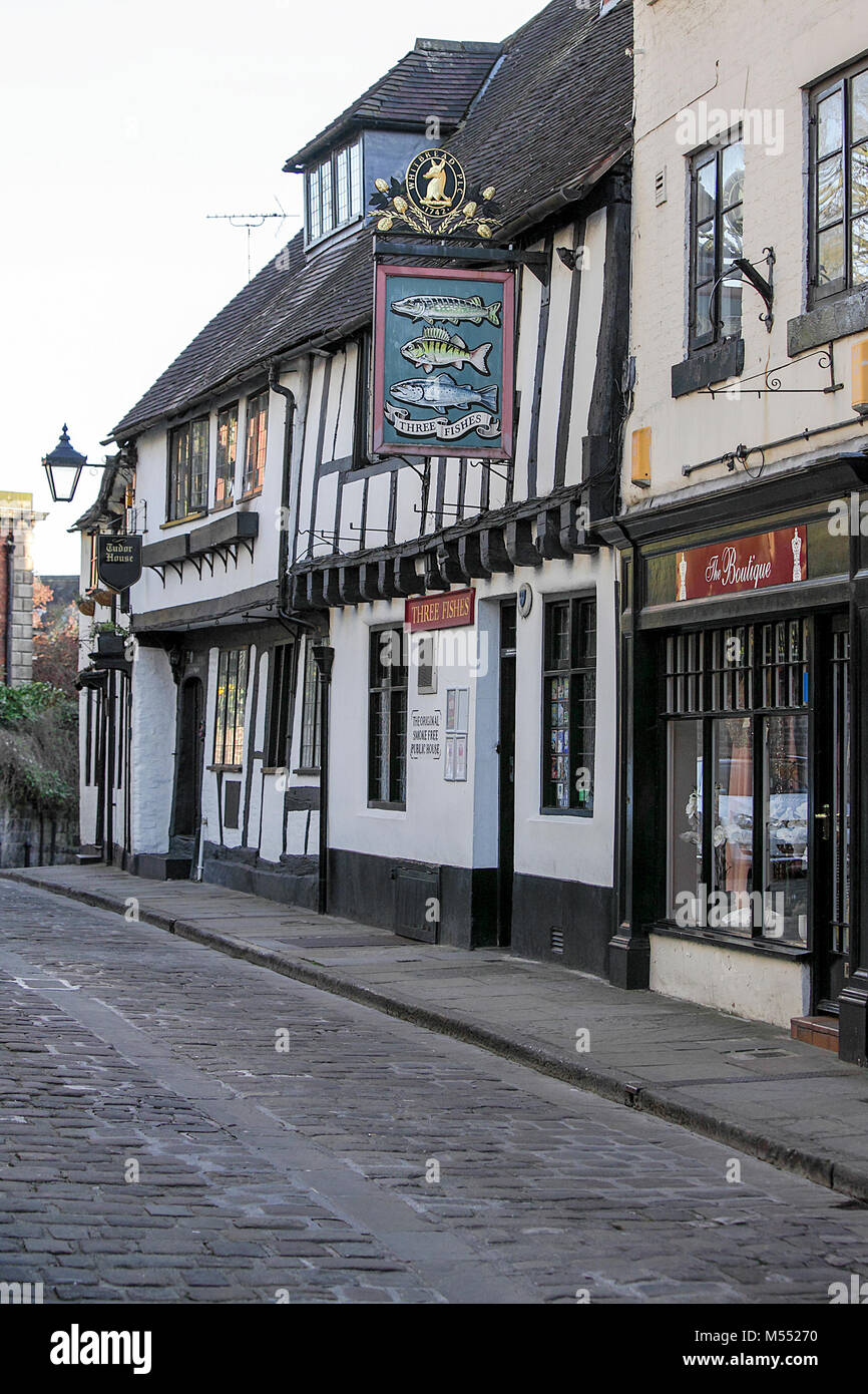 (16) Bilder in diesem Set os Bilder, die sich auf Sehenswürdigkeiten und Architektur in Shrewsbury, England. Drei Fische Inn, Shrewsbury. Stockfoto