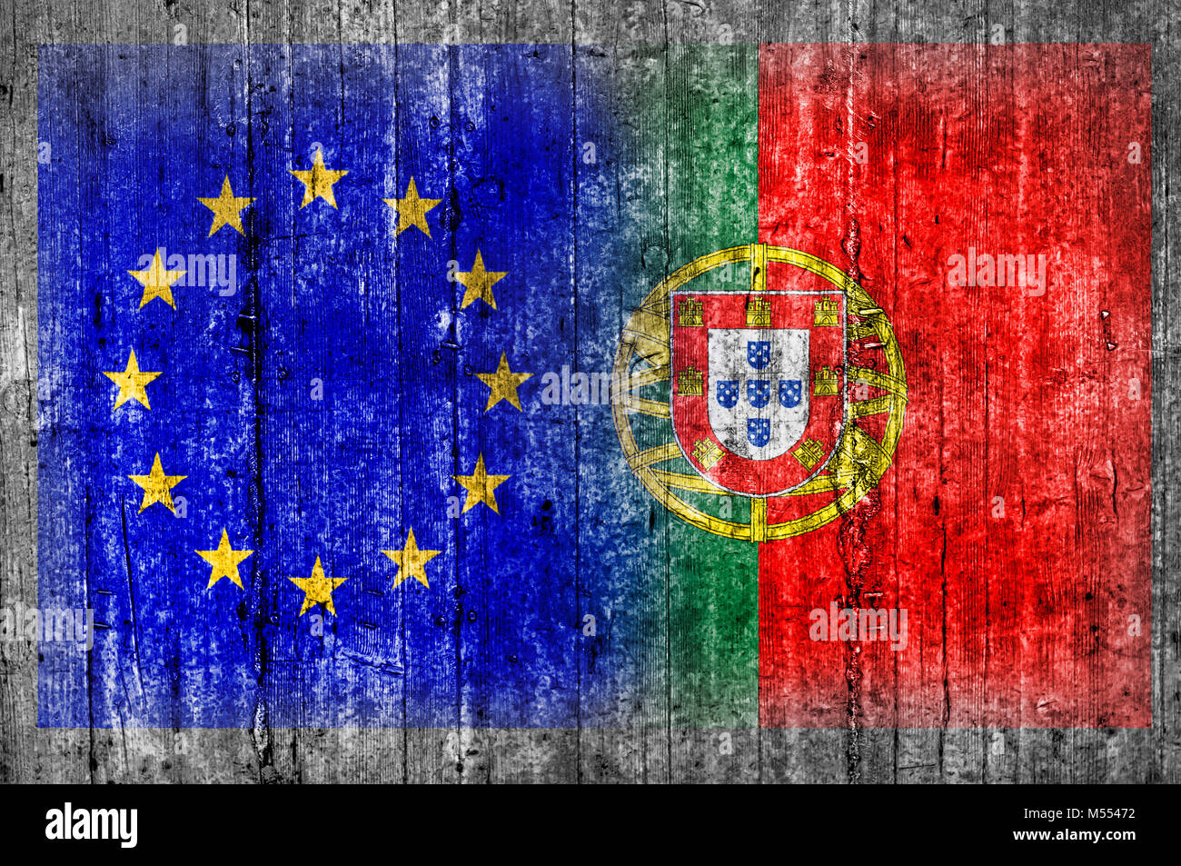 EU und Portugal Flagge auf Betonwand Stockfoto