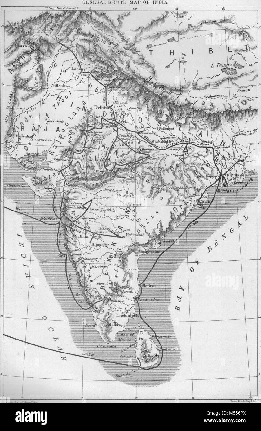 Indien. Allgemeine Route Karte von Indien, antike Gravur 1878 Stockfoto