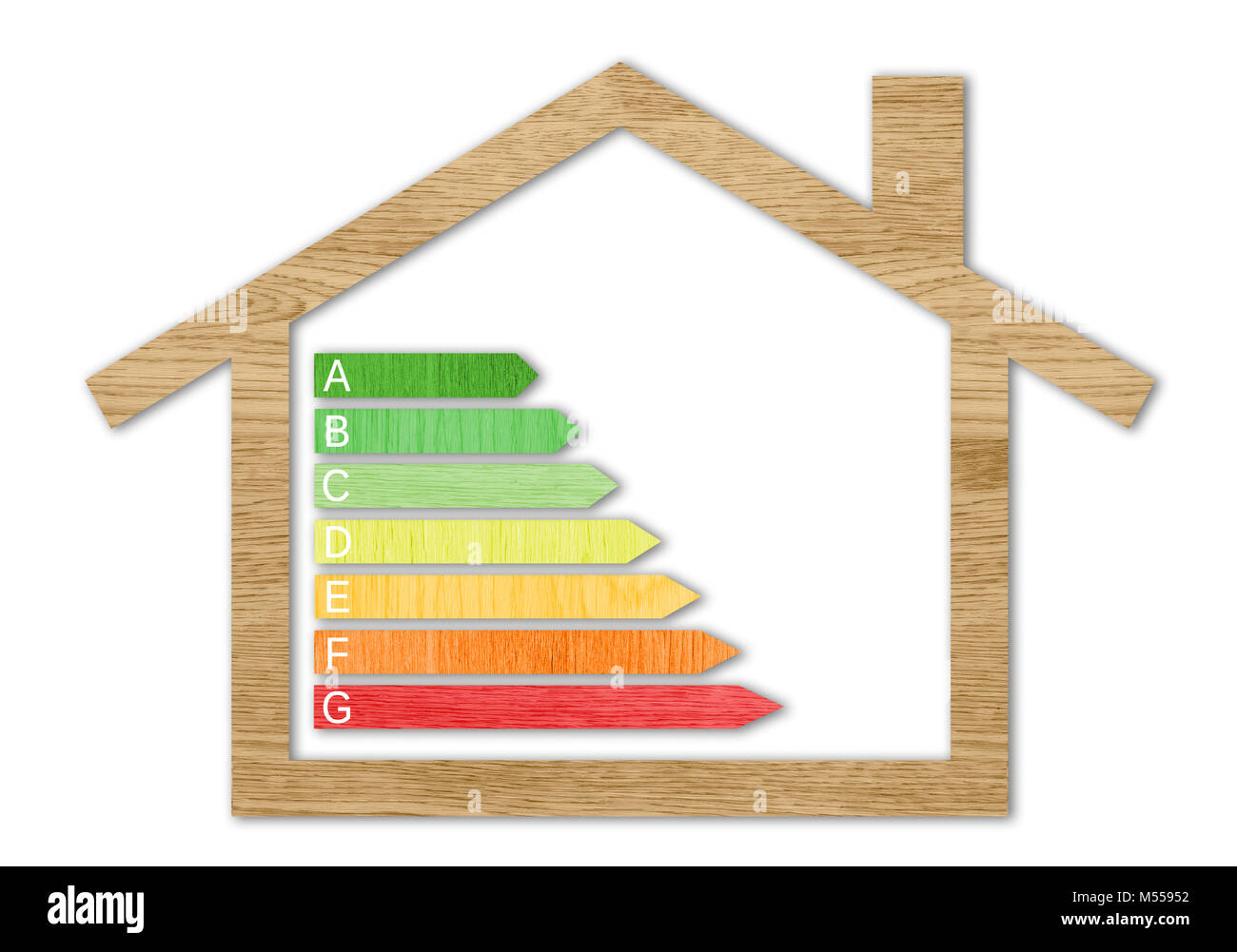 Holz Textur Energieeffizienz Zertifizierung Symbole in einem Haus Form vor einem weißen Hintergrund Stockfoto
