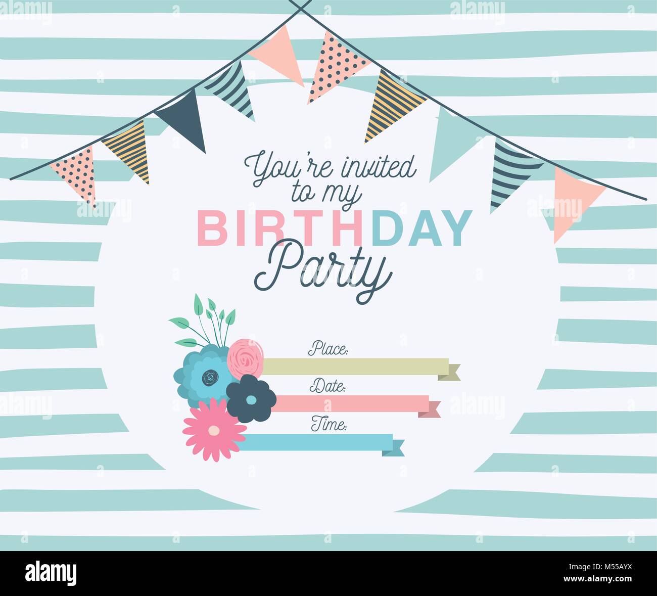 Happy Birthday Party Einladung mit Blumenschmuck Stock Vektor