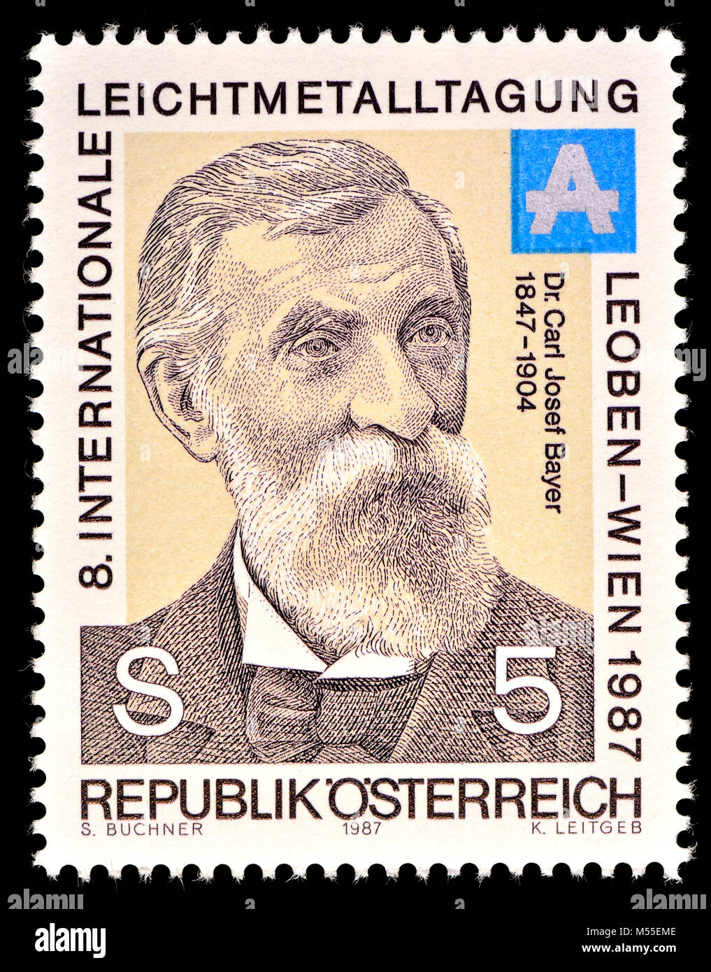 Österreichische Briefmarke (1987): Carl Josef Bayer/Karl Bayer (1847-1904), österreichischer Chemiker. Erfinder des Bayer Prozess des Extrahierens von Tonerde aus Stockfoto