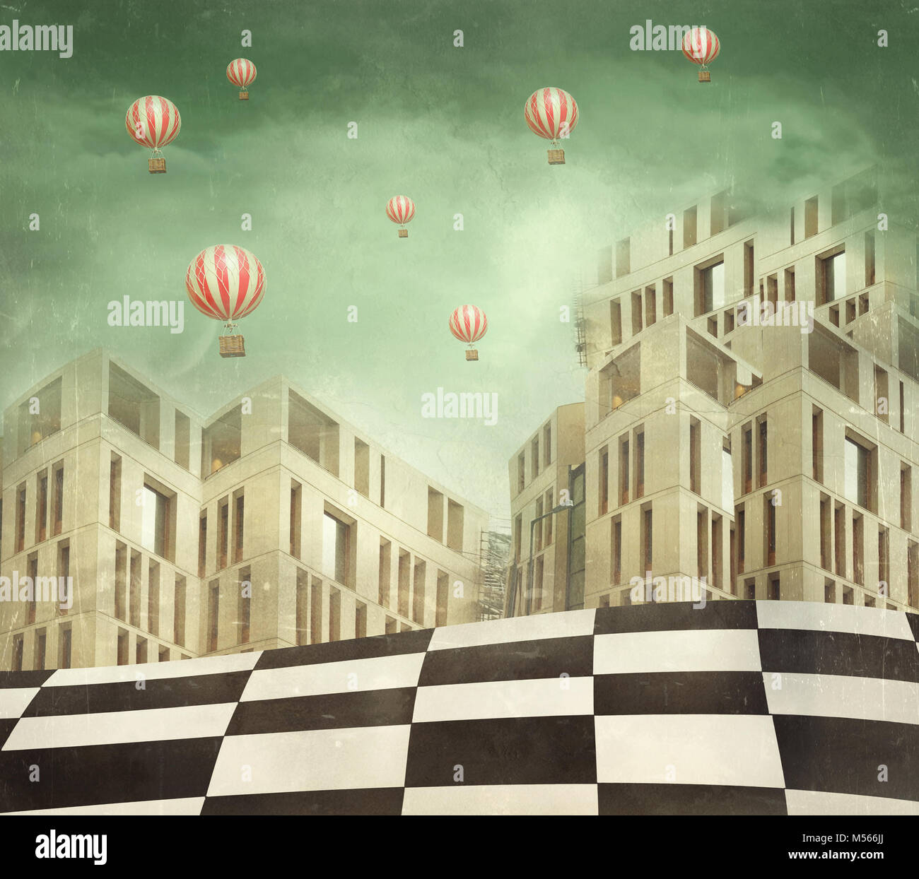 Abbildung einer in mehreren modernen Gebäuden in eine surreale Landschaft und viele Heißluftballons Stockfoto