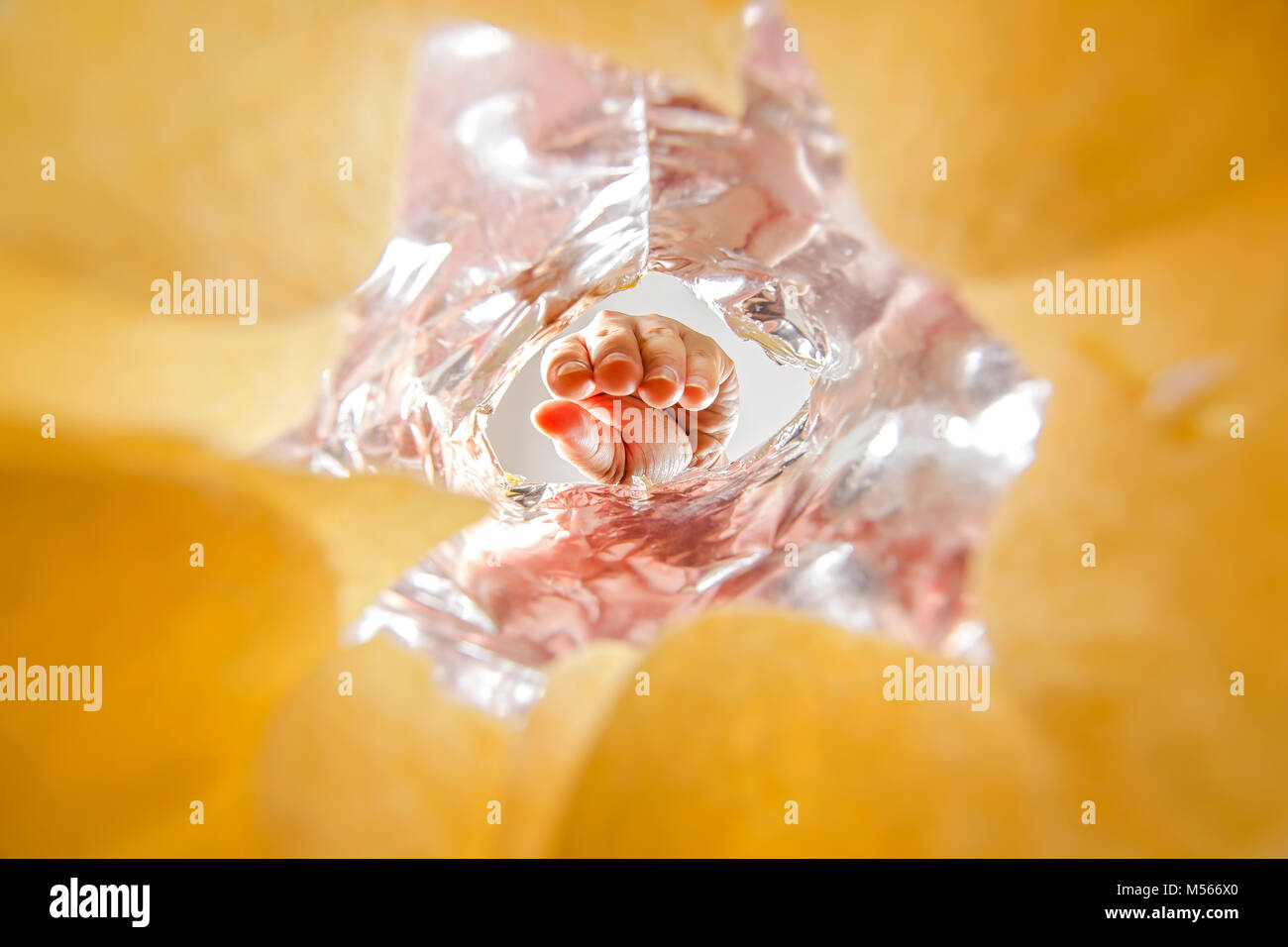 Die Geste mit der Hand über die Stücke von Kartoffelchips in der Tasche. Stockfoto