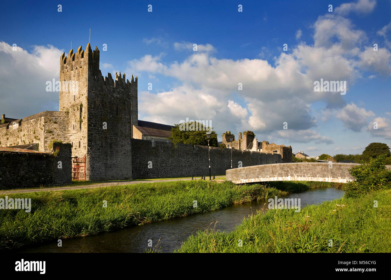 Die gut erhaltene Stadtmauer aus dem 14. Jahrhundert von Fethard durch die Clashawley Fluss läuft. County Tipperary, Irland. Stockfoto